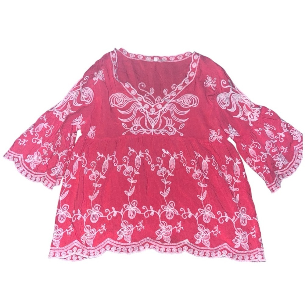 Solitaire Red and White Embroidered Top